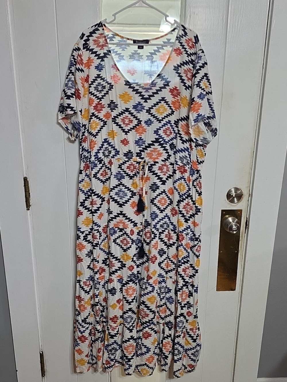Roaman's Women's Maxi Dress Aztec Design Fall Colors Tassle Ties Sz 26/28 EUC